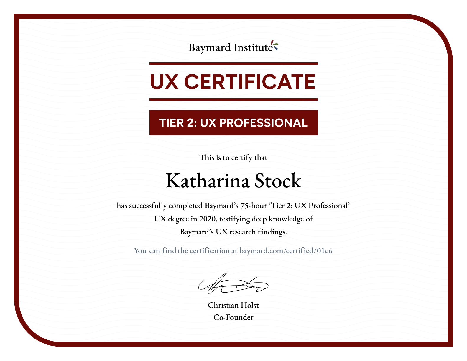 Katharina Stock’s certificate