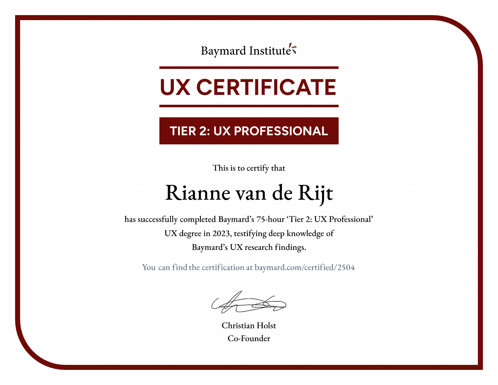 Rianne van de Rijt’s certificate