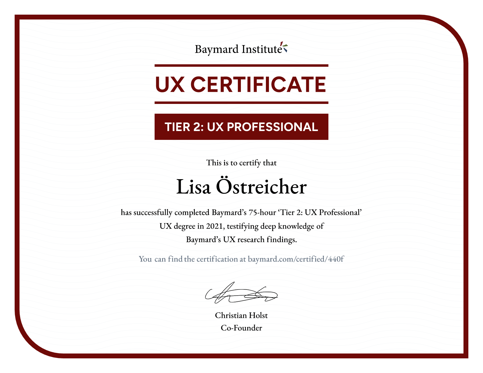 Lisa Östreicher’s certificate