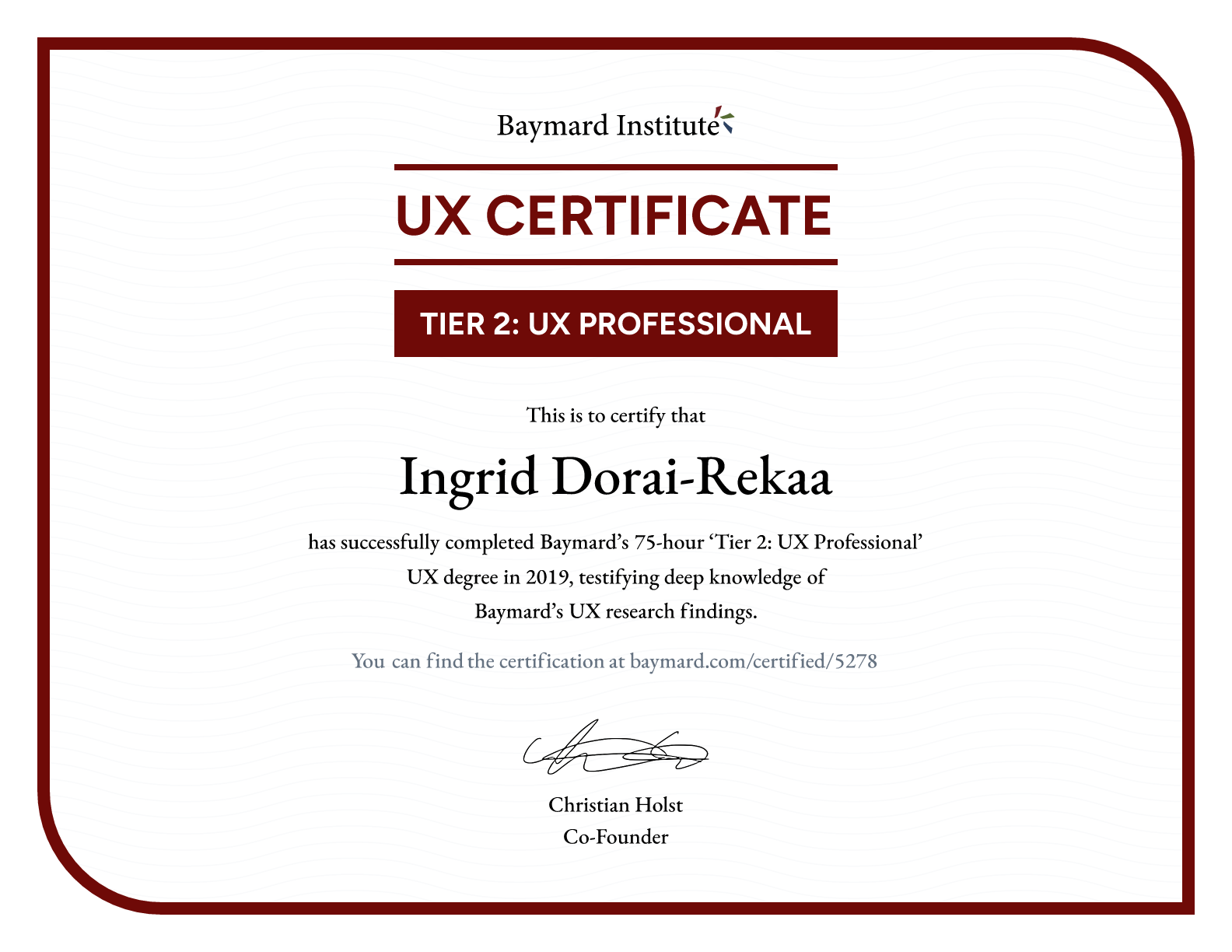 Ingrid Dorai-Rekaa’s certificate