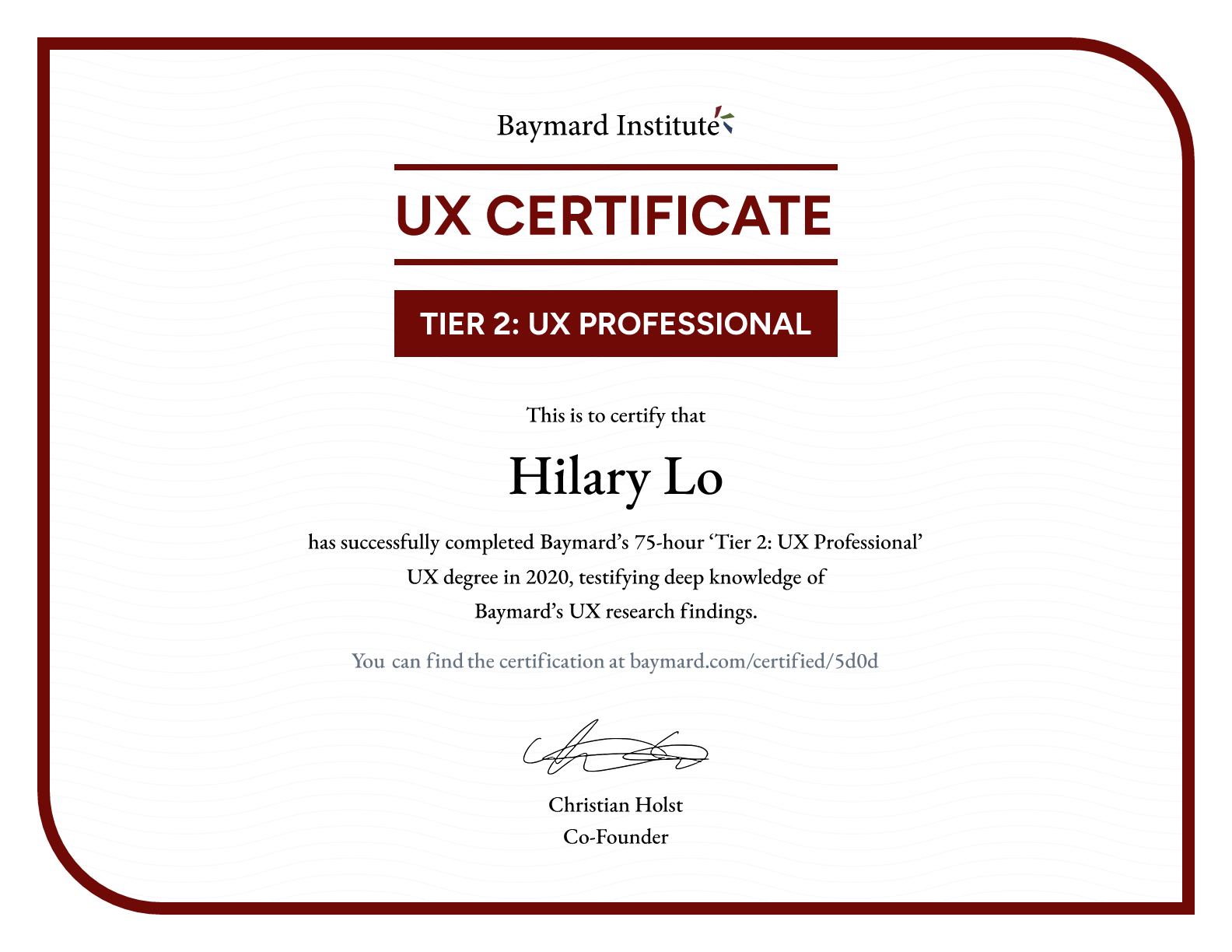 Hilary Lo’s certificate