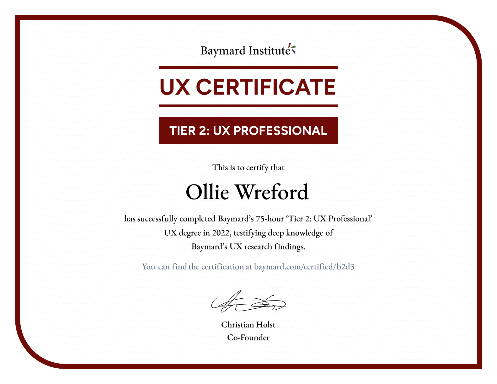 Ollie Wreford’s certificate