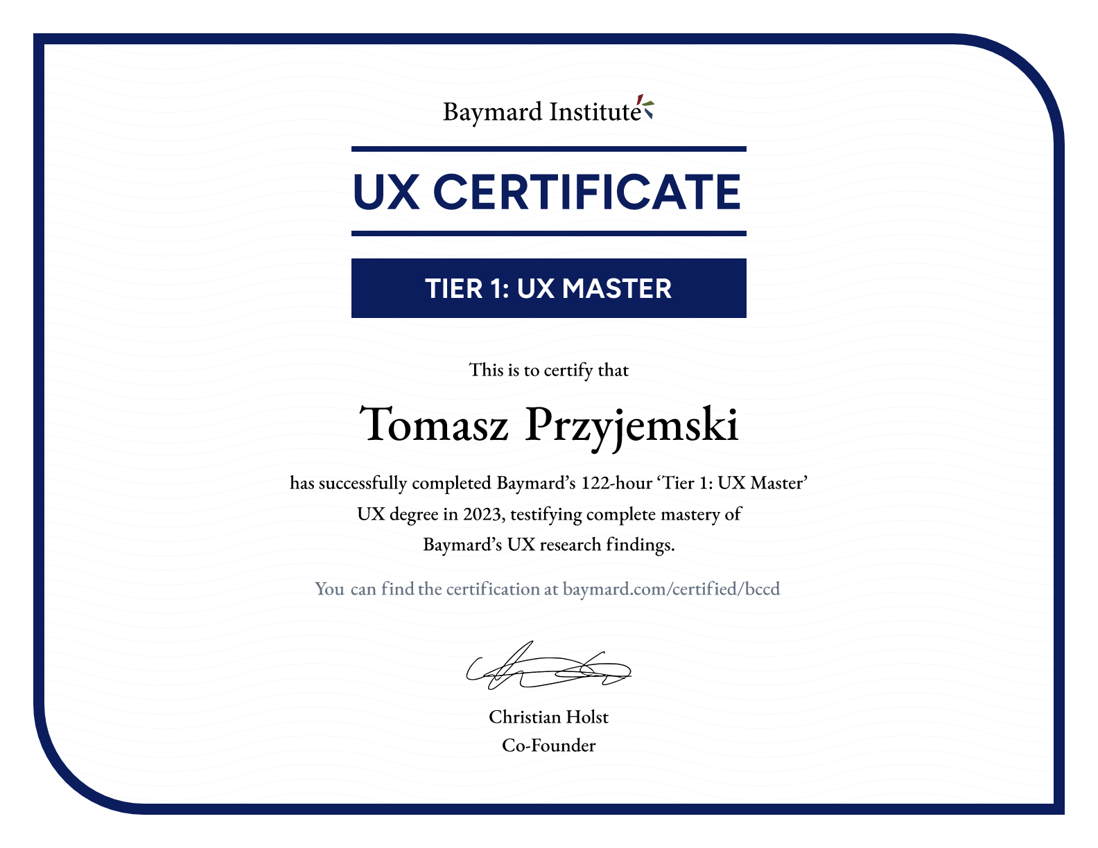 Tomasz Przyjemski’s certificate