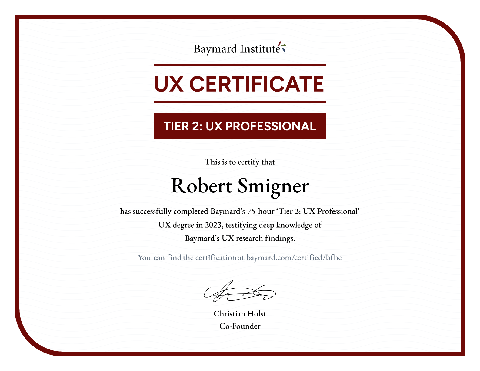 Robert Smigner’s certificate