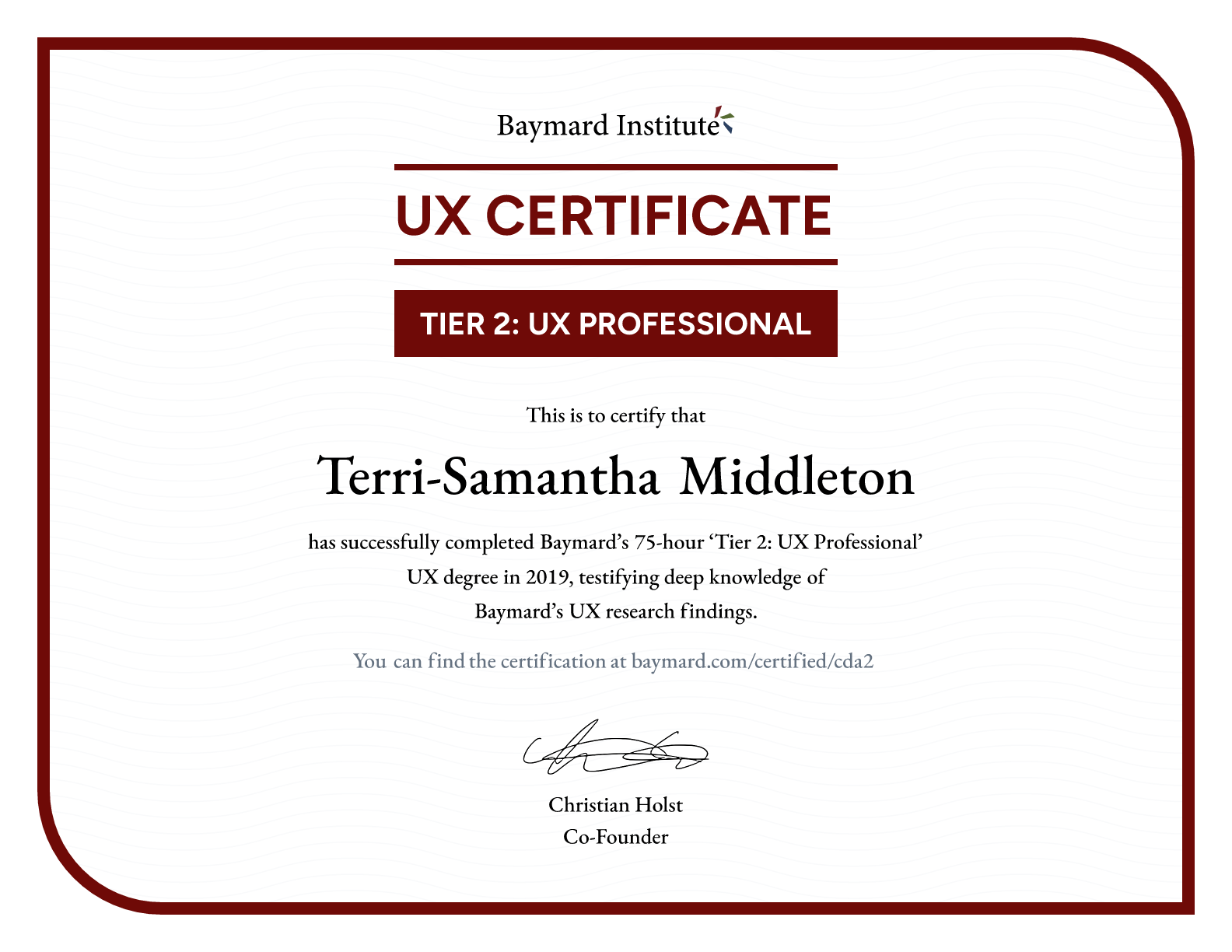 Terri-Samantha Middleton’s certificate