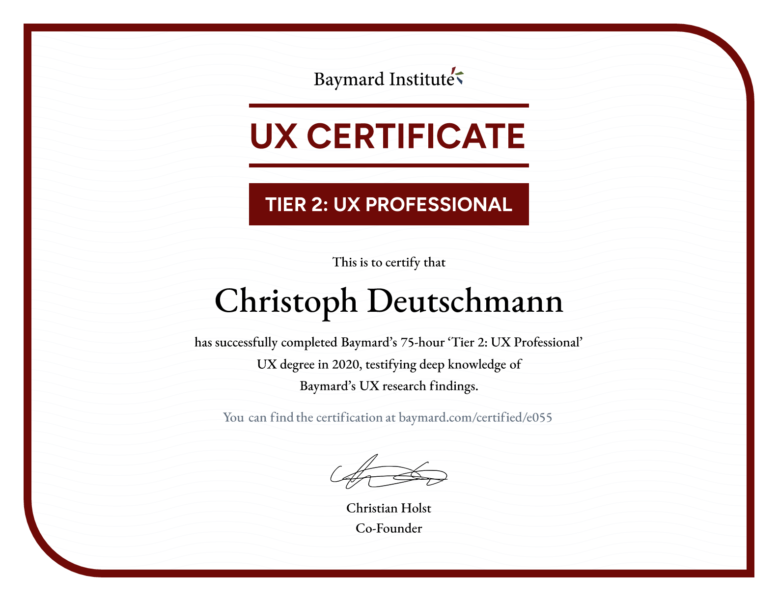 Christoph Deutschmann’s certificate
