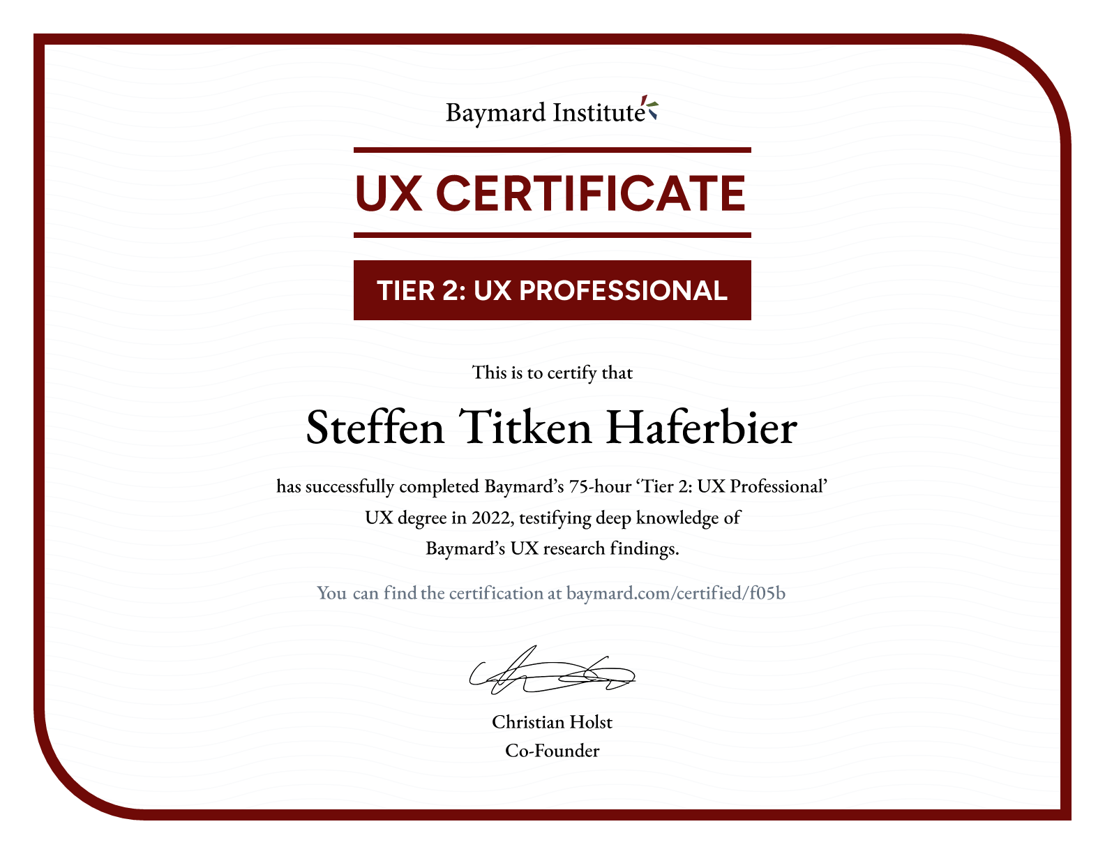 Steffen Titken Haferbier’s certificate
