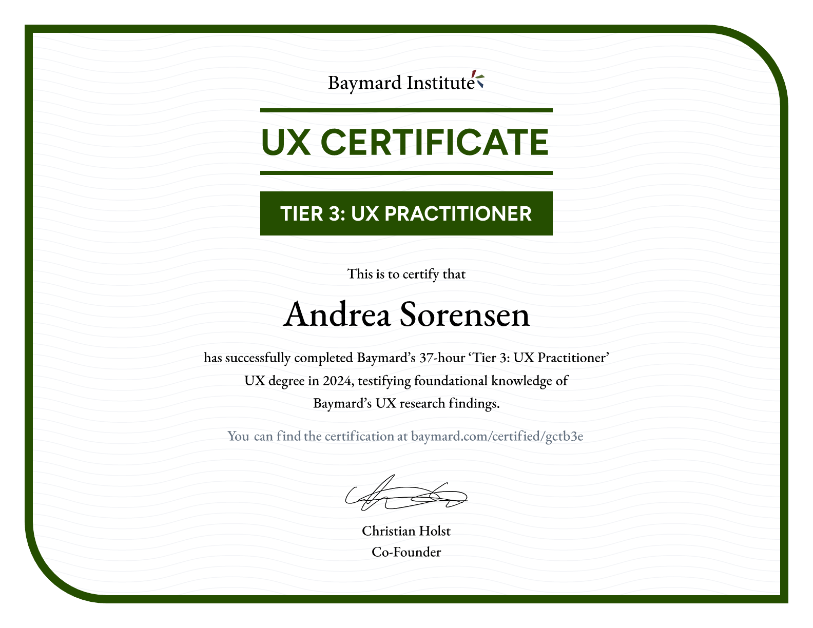 Andrea Sorensen’s certificate