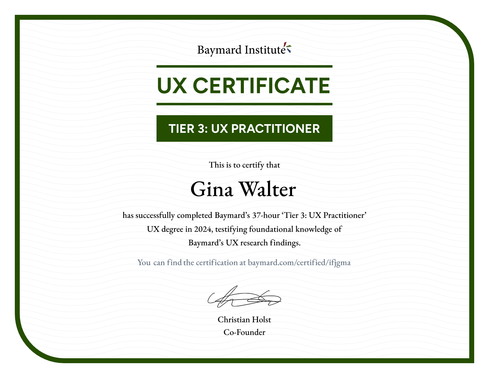 Gina Walter’s certificate