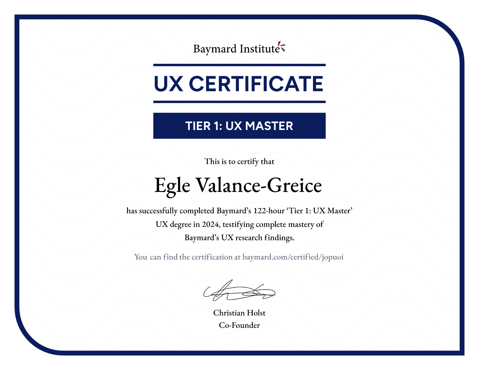 Egle Valance-Greice’s certificate