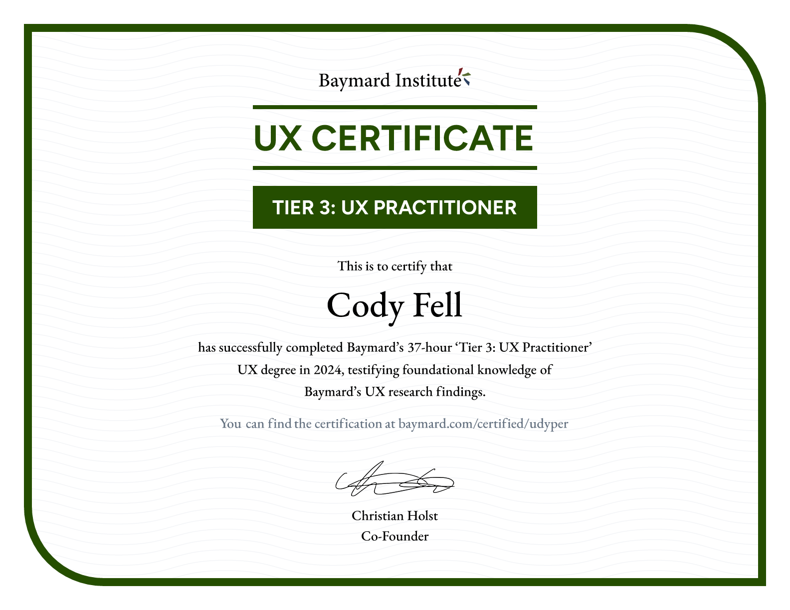 Cody Fell’s certificate