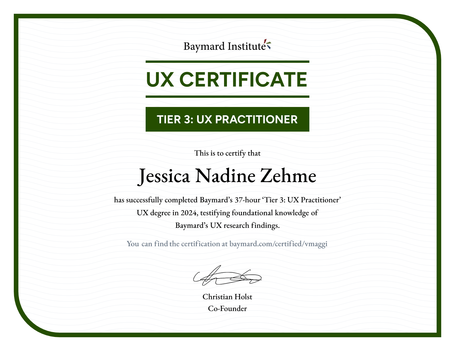 Jessica Nadine Zehme’s certificate